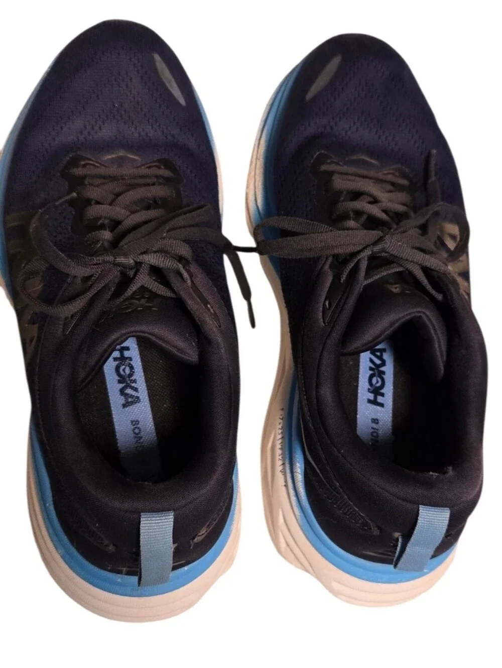 HOKA Men's Bondi 8 Navy Blue Running Shoes with Light Blue Accents Size 9.5D